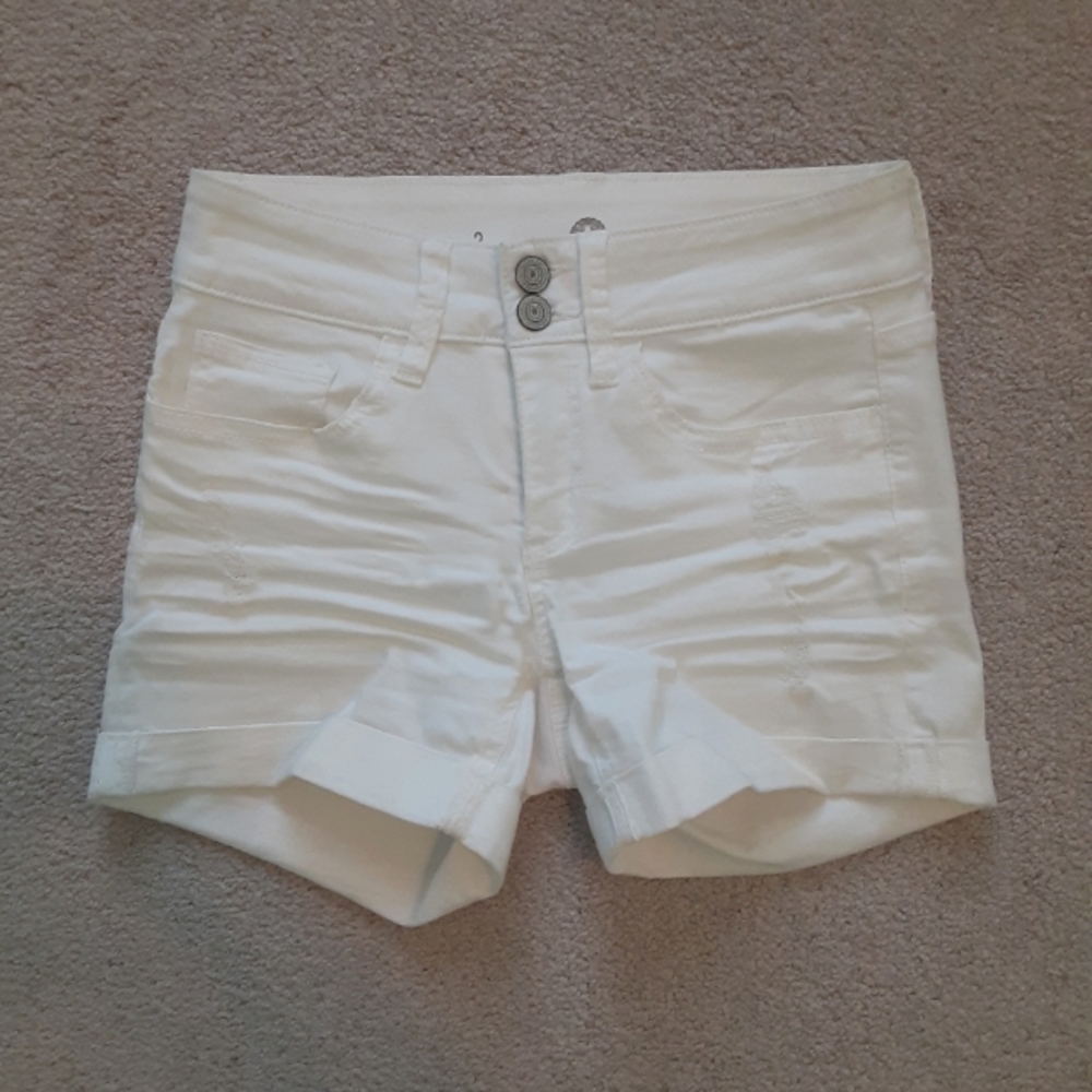 SO White Distressed Midi Jean Shorts